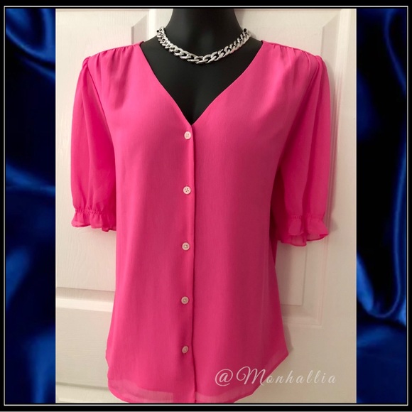 J. Crew Tops - J Crew Hot Pink Fuchsia Box Style Lined Ruffle Sleeve Career Wear Top Blouse